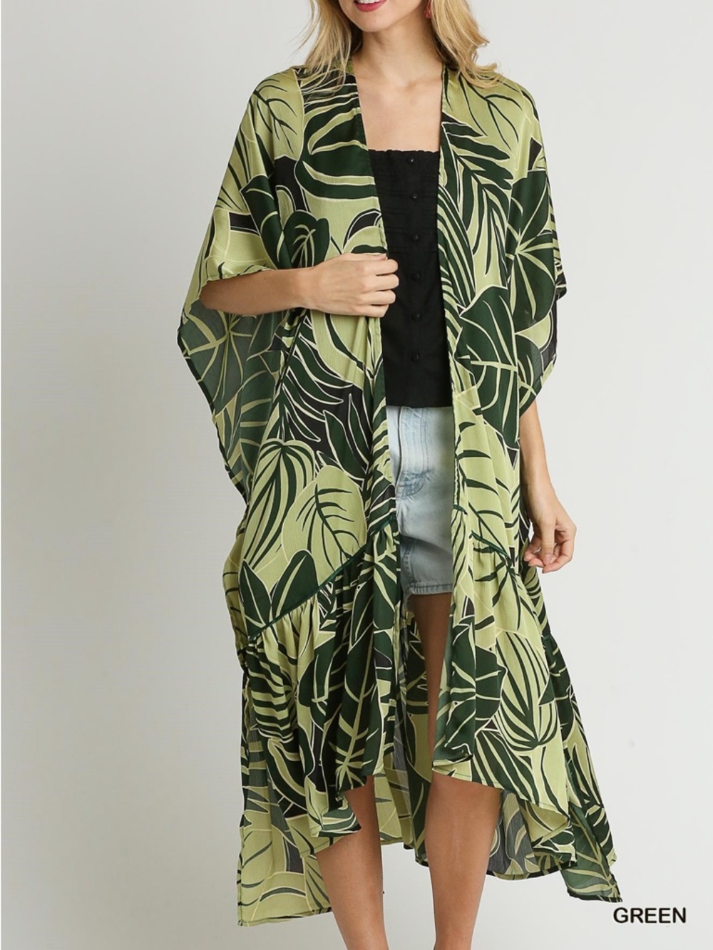 Umgee Satin Tropical Plant Print Open Front
Kimono with Ruffle Details